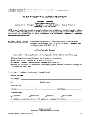 Music Professional Liability Application