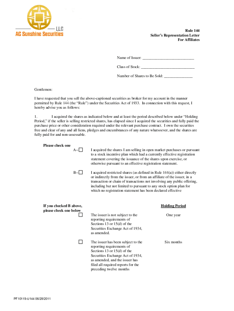Fillable Online Rule 144 Seller's Representation Letter Fax Email Print ...