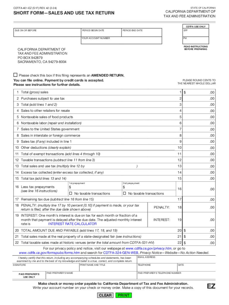 CDTFA 401-EZ, Short Form-Sales and Use Tax Return Preview on Page 1