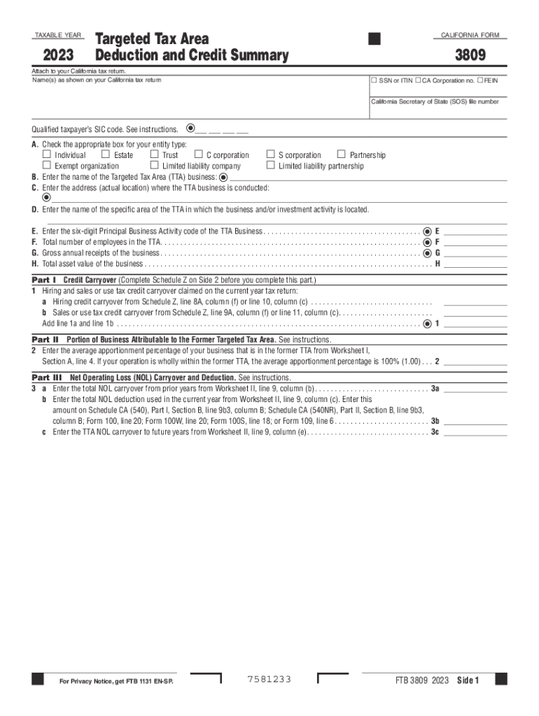 2023 Form 3809 Targeted Tax Area Deduction and Credit Summary Preview on Page 1
