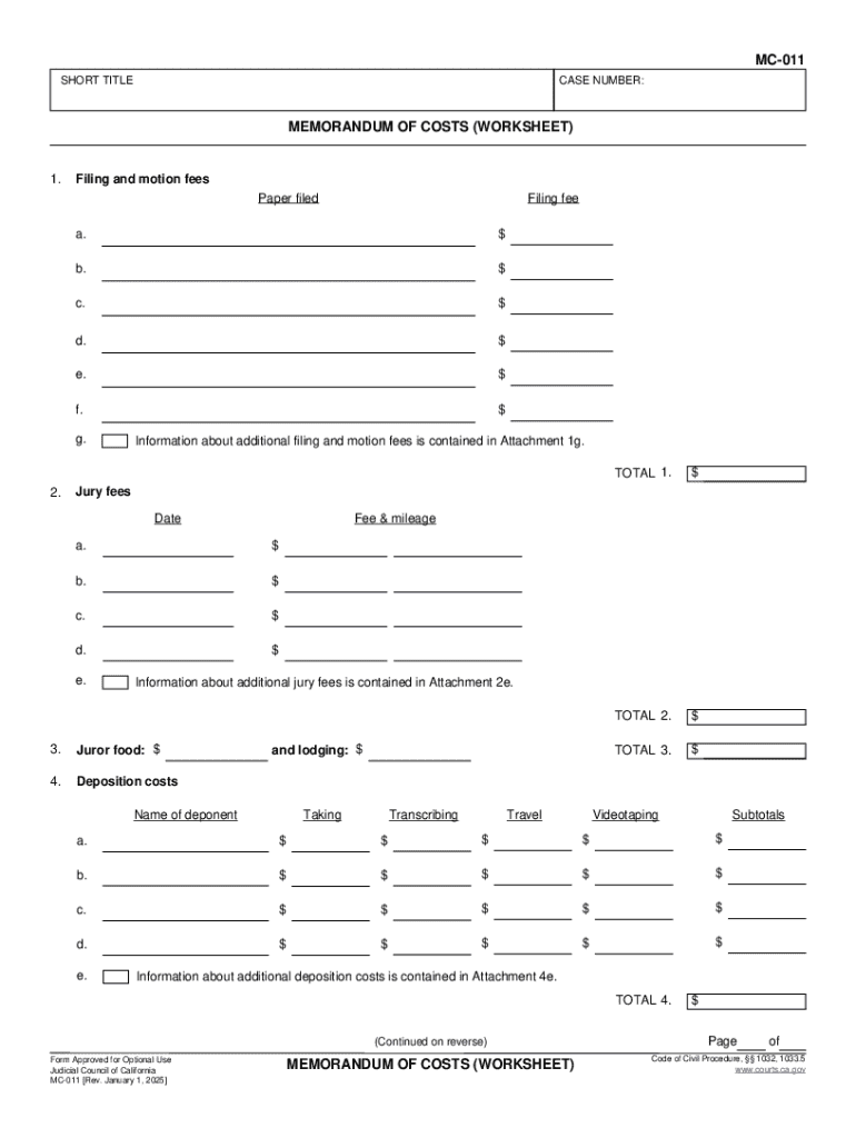 California Memorandum of Costs Preview on Page 1