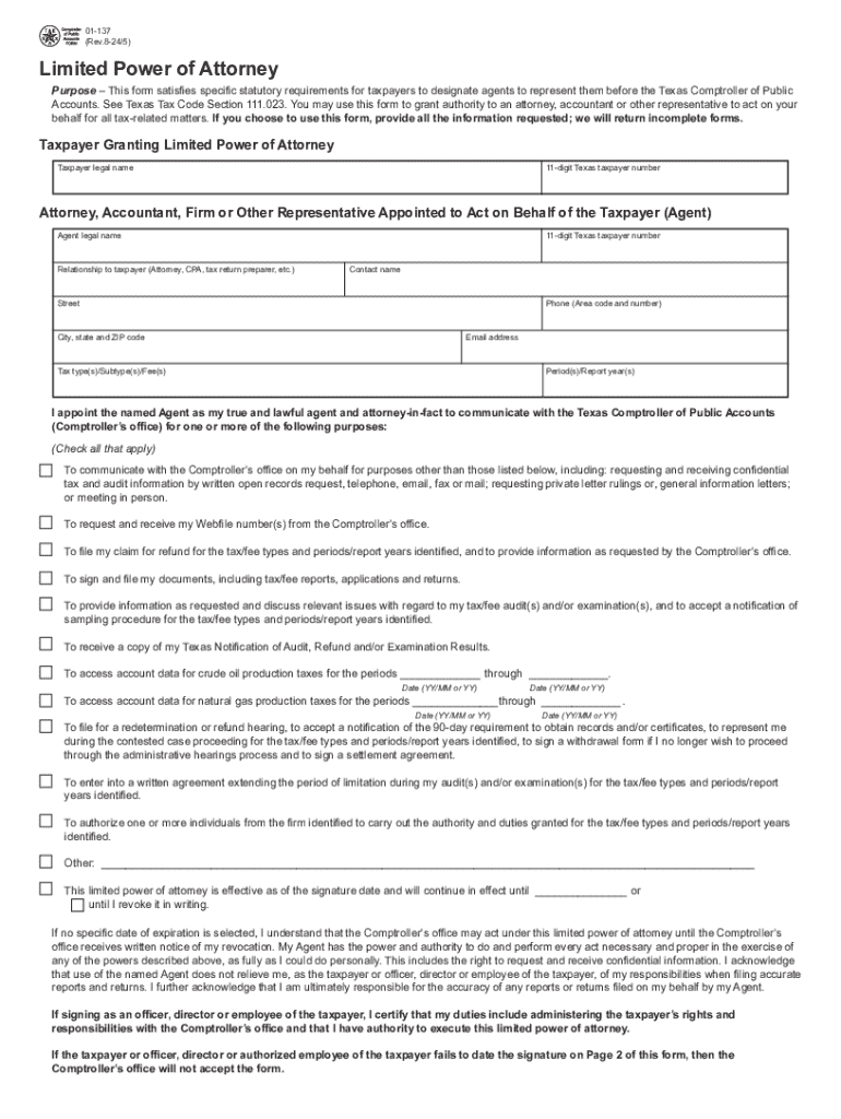 Texas Tax Power of Attorney (Form 01-137) Preview on Page 1