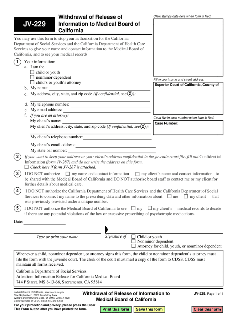 JV-229 Withdrawal of Release of Information toMedical Board of California Judicial Council forms Preview on Page 1