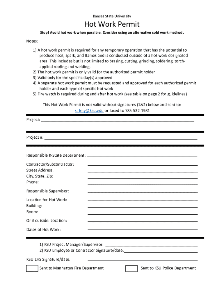 Fillable Online Kansas State University Hot Work Permit Fax Email Print