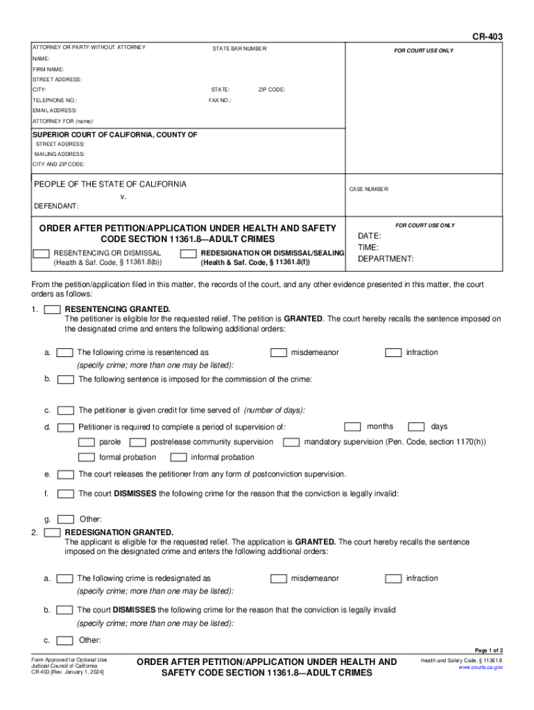 CR-403 Order After Petition Application (Health and Safety Code Preview on Page 1