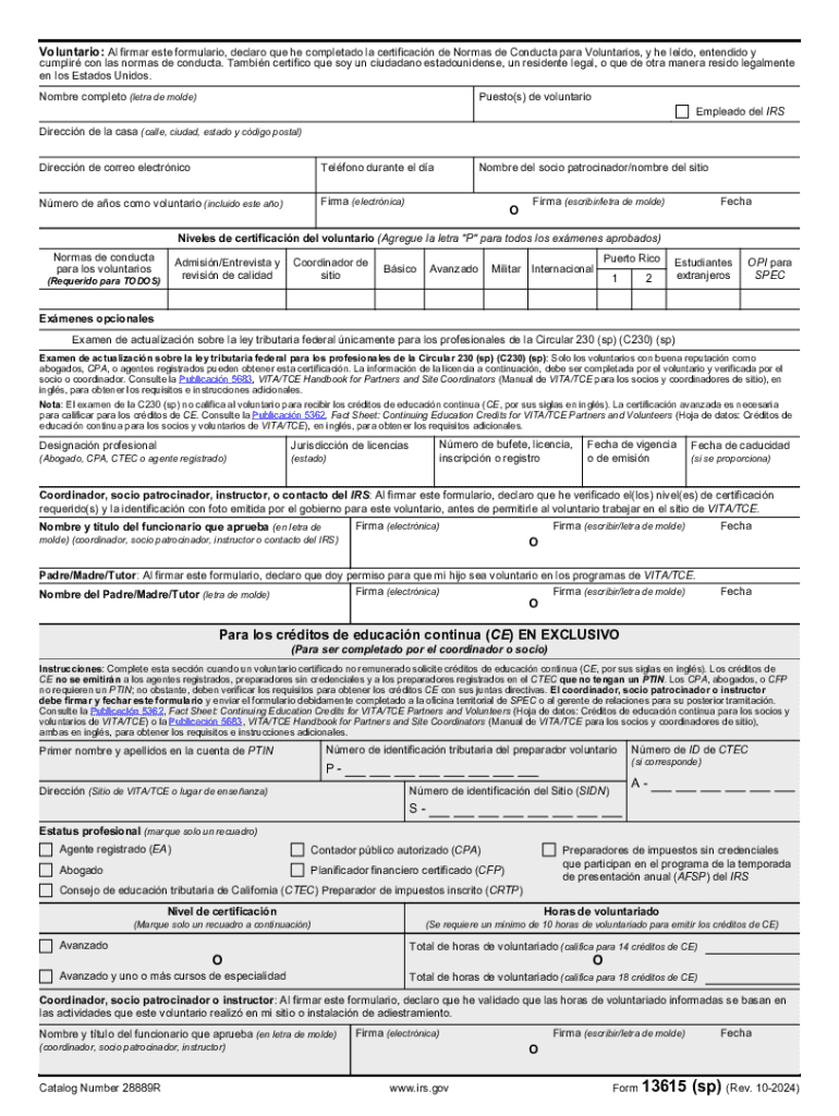 Form 13615 (sp) (Rev 10-2024) Volunteer Standards of Conduct AgreementVITA TCE Programs (Spanish Ver Preview on Page 1
