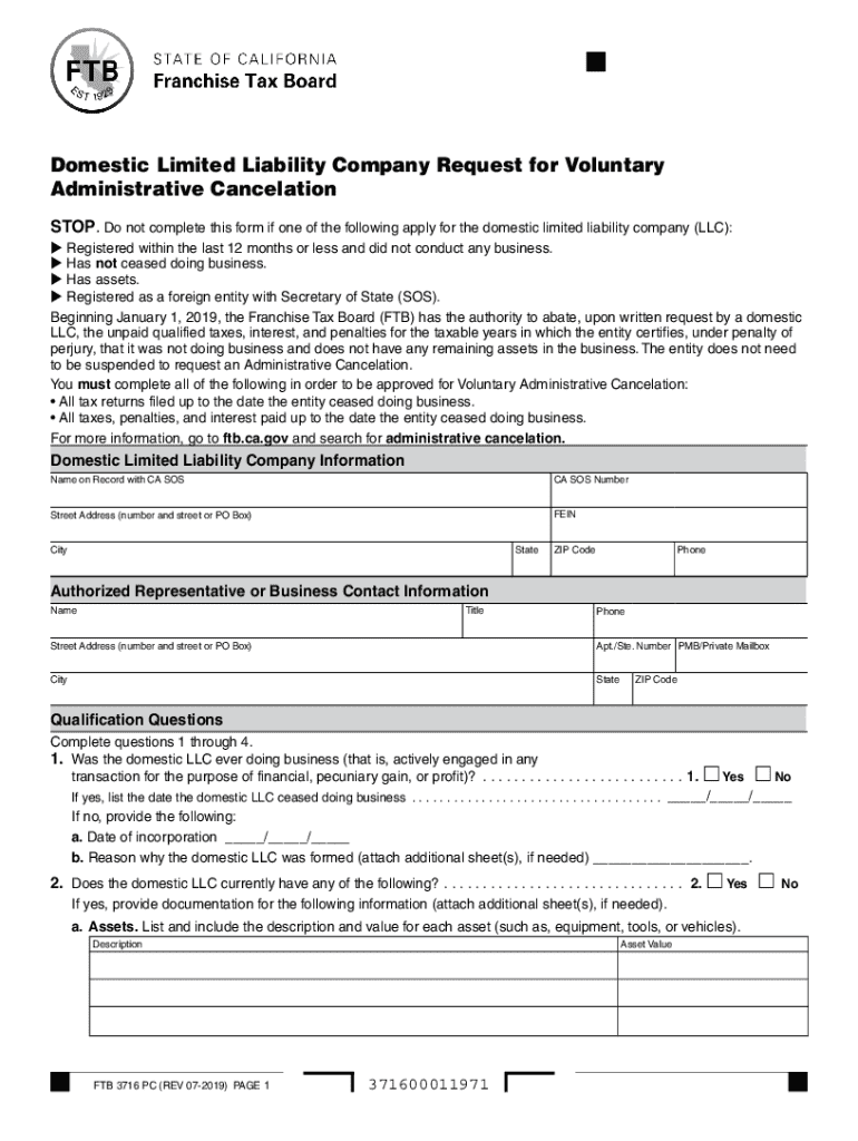 FTB 3716 Domestic Limited Liability Company Request for Voluntary Administrative Cancelation Preview on Page 1