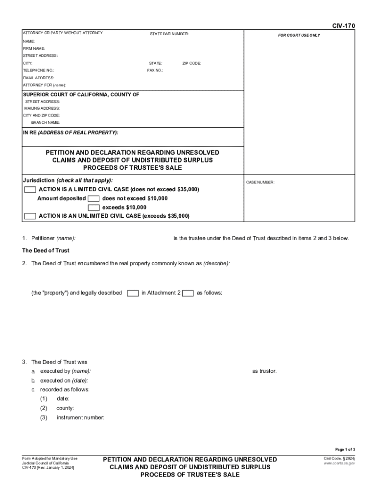CIV-170 Petition and Declaration Regarding Unresolved Claims and Preview on Page 1