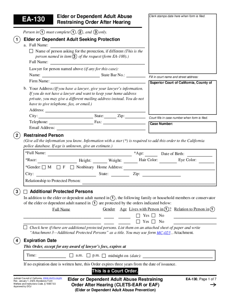 California Elder Abuse Restraining Order EA-130 Preview on Page 1