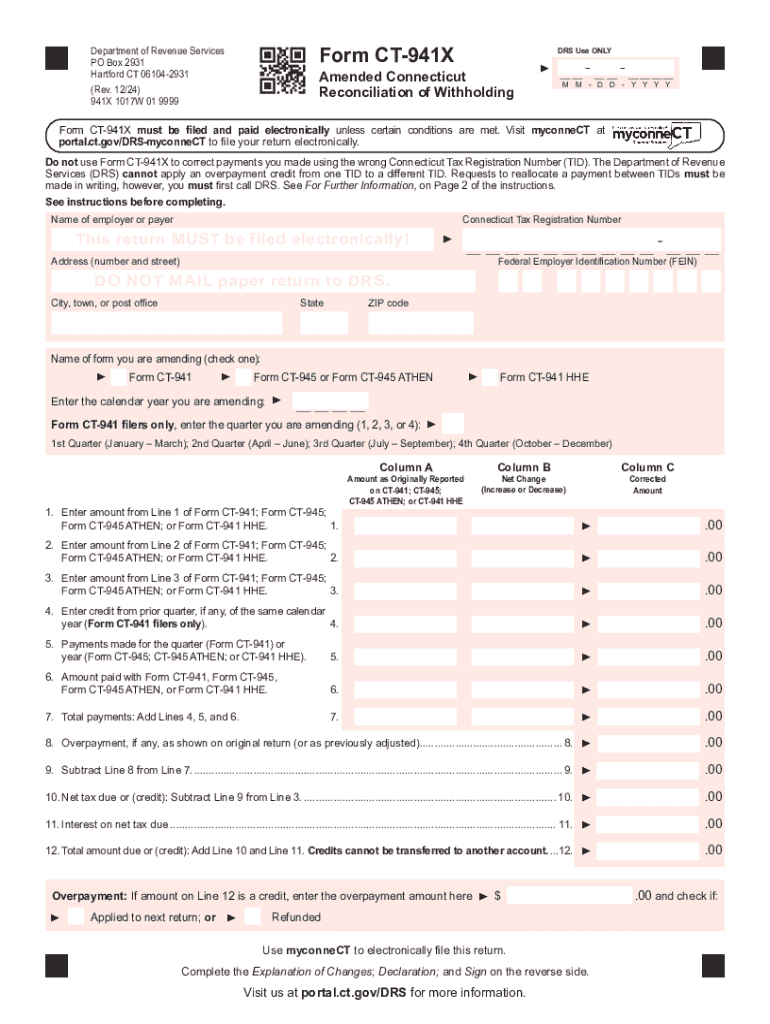 2023 Form CT DRS CT-941X Fill Online, Printable, Fillable Preview on Page 1