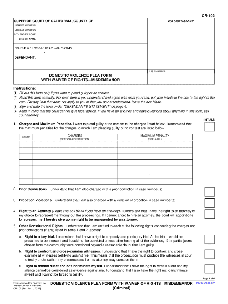 CR-102 Domestic Violence Plea Form With Waiver of RightsMisdemeanor Judicial Council forms Preview on Page 1