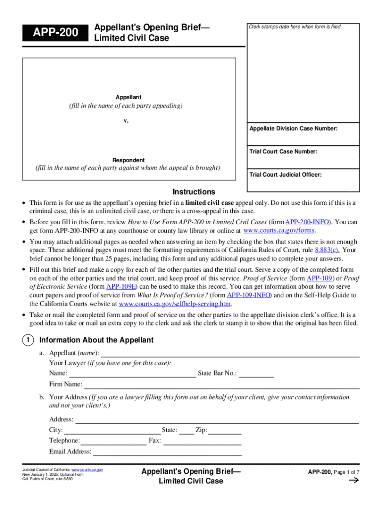 APP-200 Appellant's Opening BriefLimited Civil Case Judicial Council forms Preview on Page 1