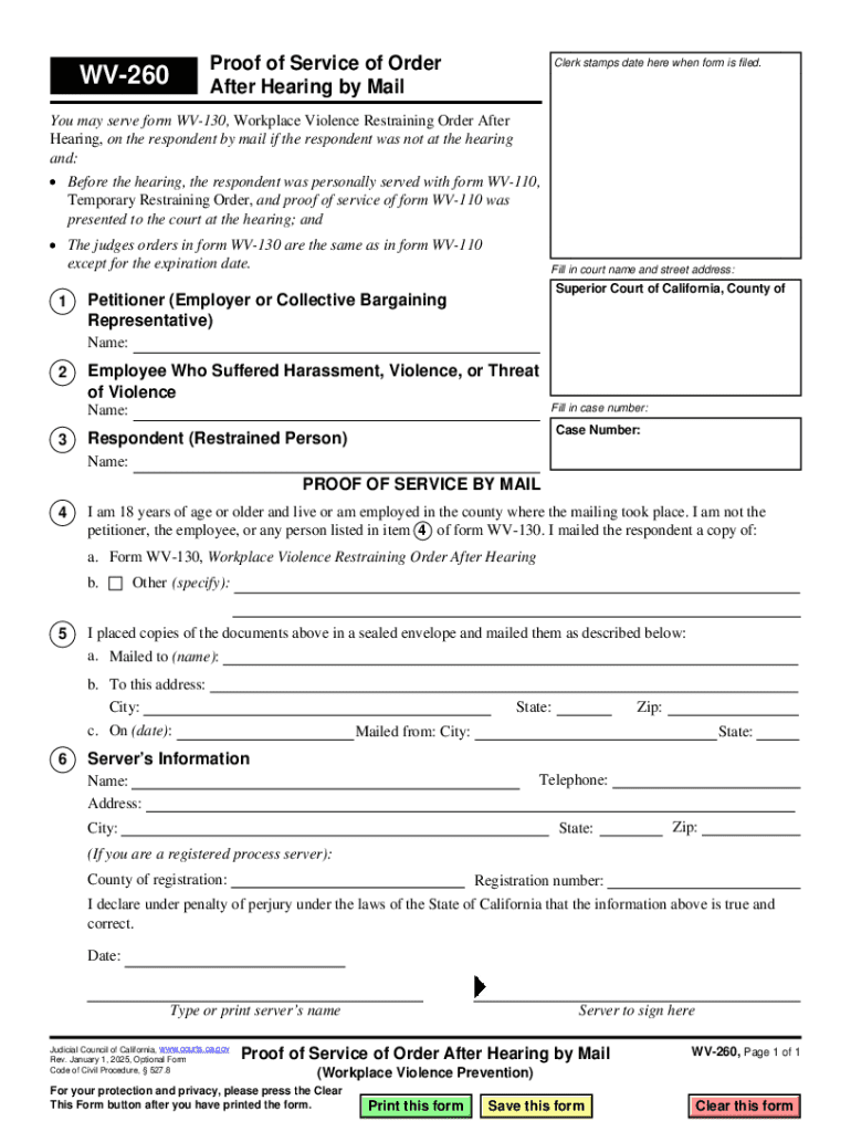 WV-260 Proof of Service of Order After Hearing by Mail (Workplace Violence Prevention) Judicial Coun Preview on Page 1