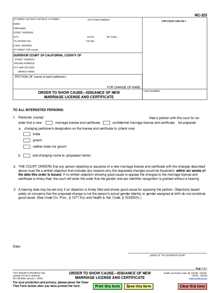 NC-325 Order to Show CauseIssuance of New Marriage License and Certificate Judicial Council forms Preview on Page 1