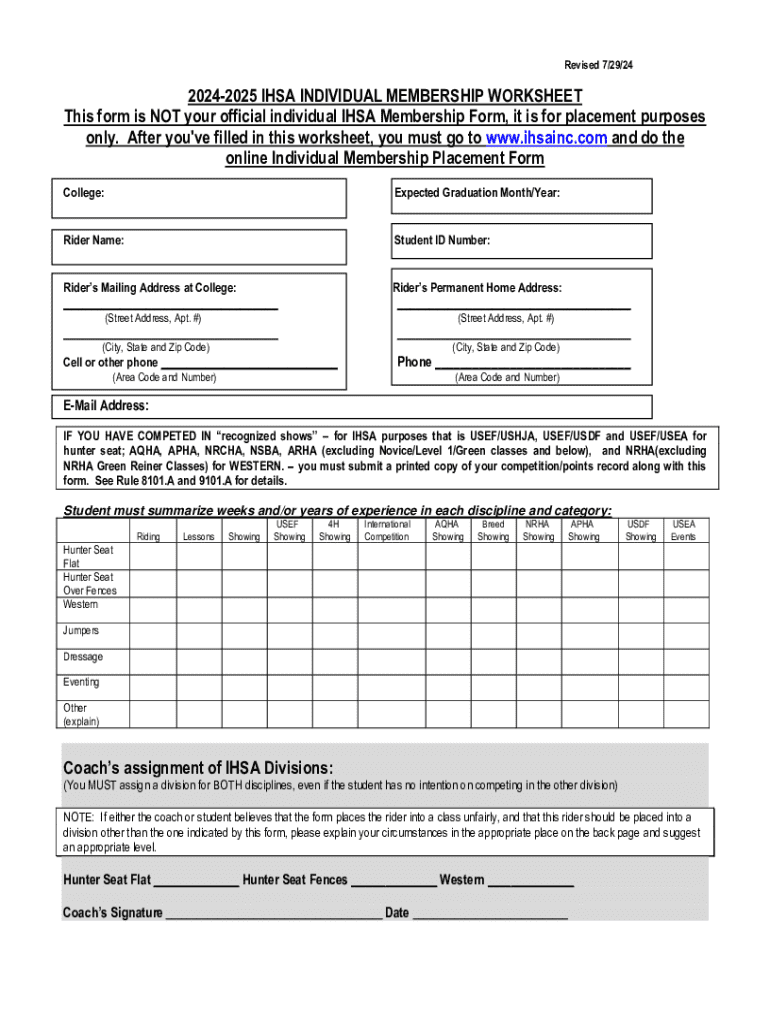 IHSA Individual Membership Worksheet - Blank Fillable Template | Fill ...