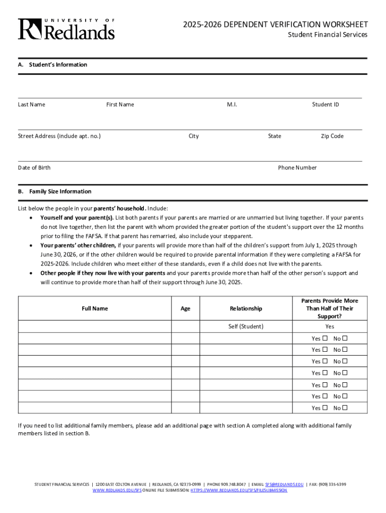 2025-2026 Dependent Verification Worksheet - Blank Fillable Template ...