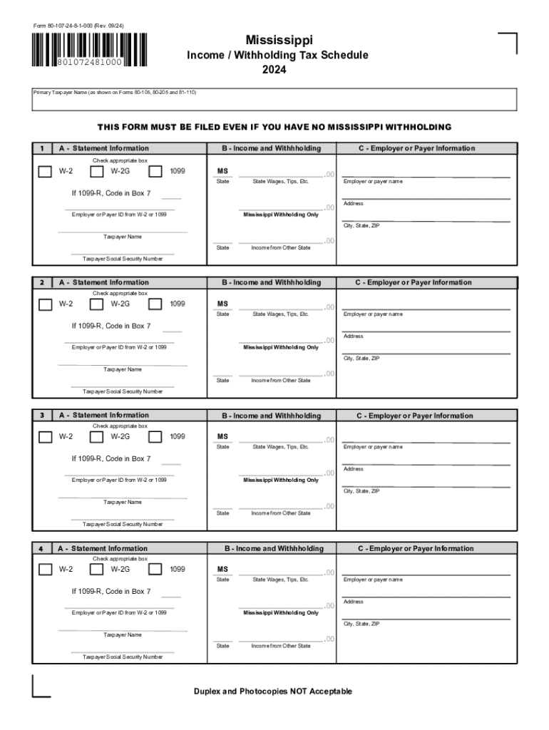 Free Mississippi Income Withholding Tax Schedule Form Preview on Page 1