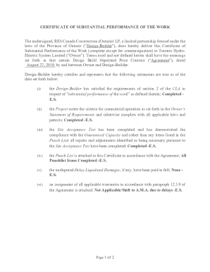 certificate of substantial performance of the work