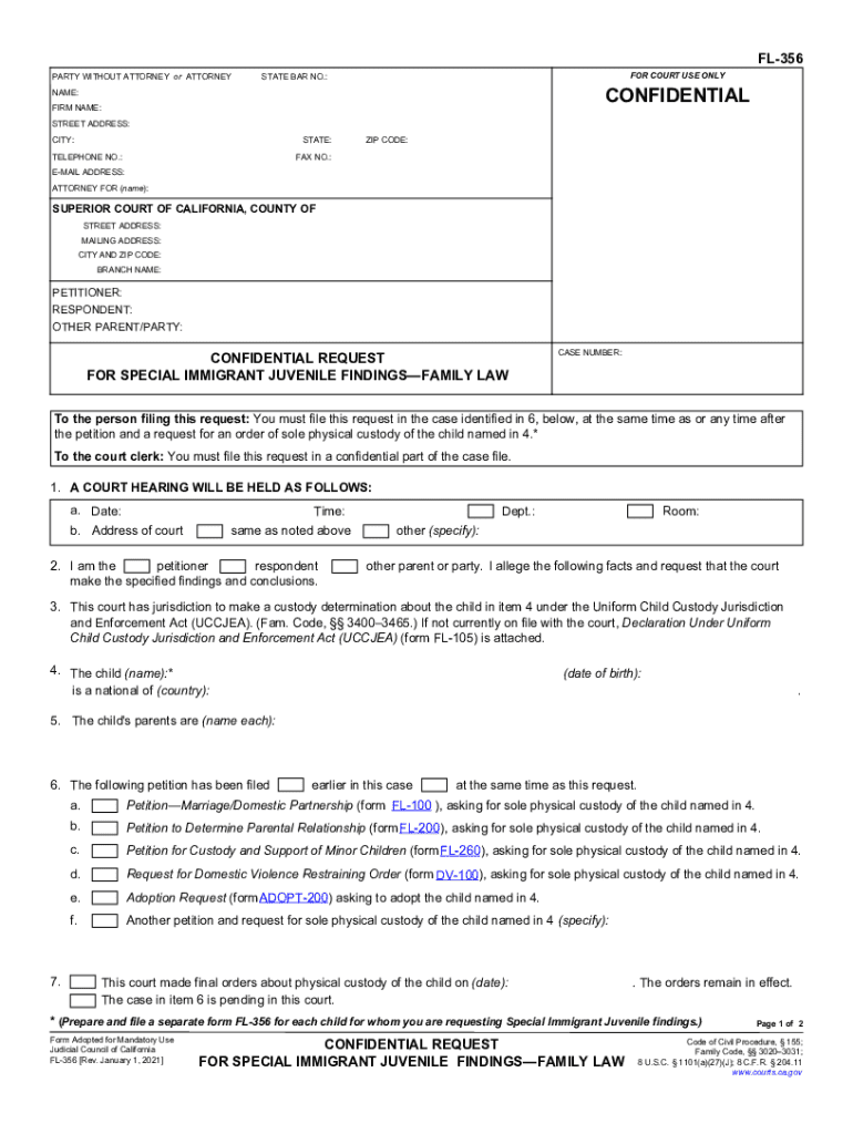 FL-356 Confidential Request for Special Immigrant Juvenile Findings - Family Law Judicial Council fo Preview on Page 1