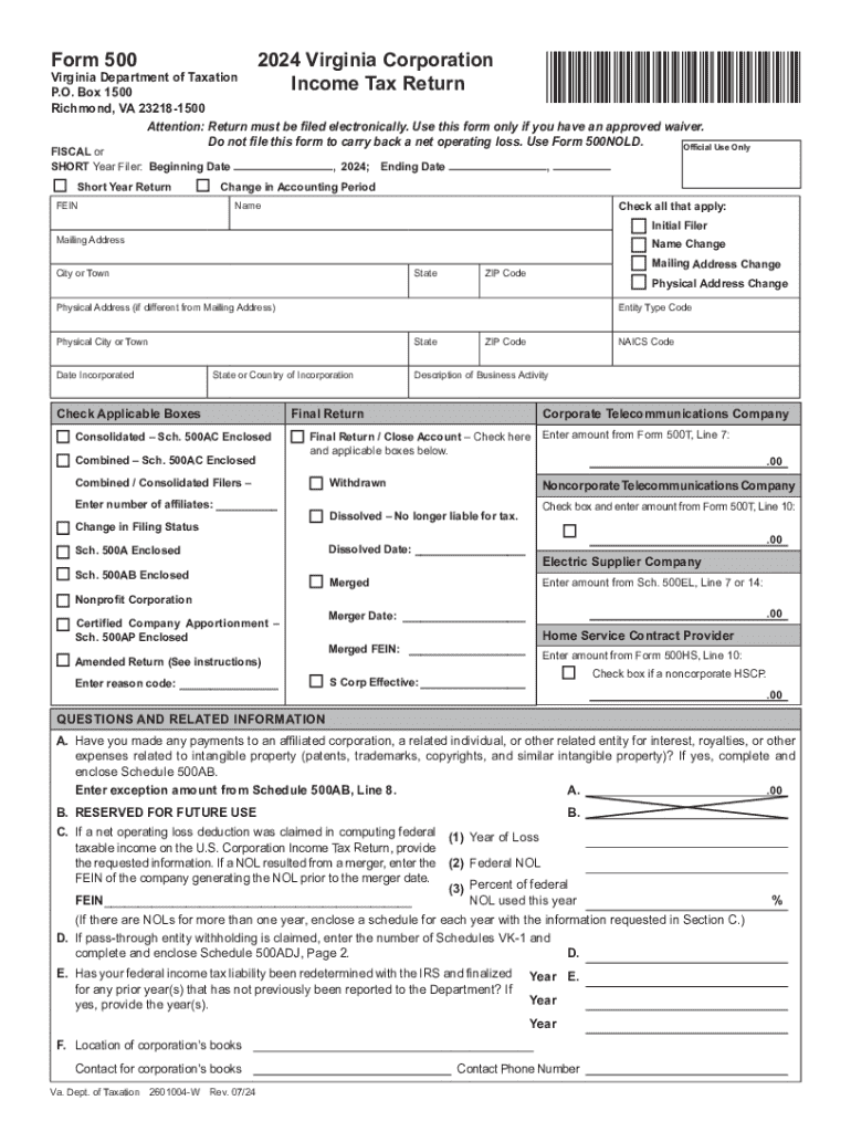 2024 Form 500 - Virginia Corporation Income Tax Return Preview on Page 1