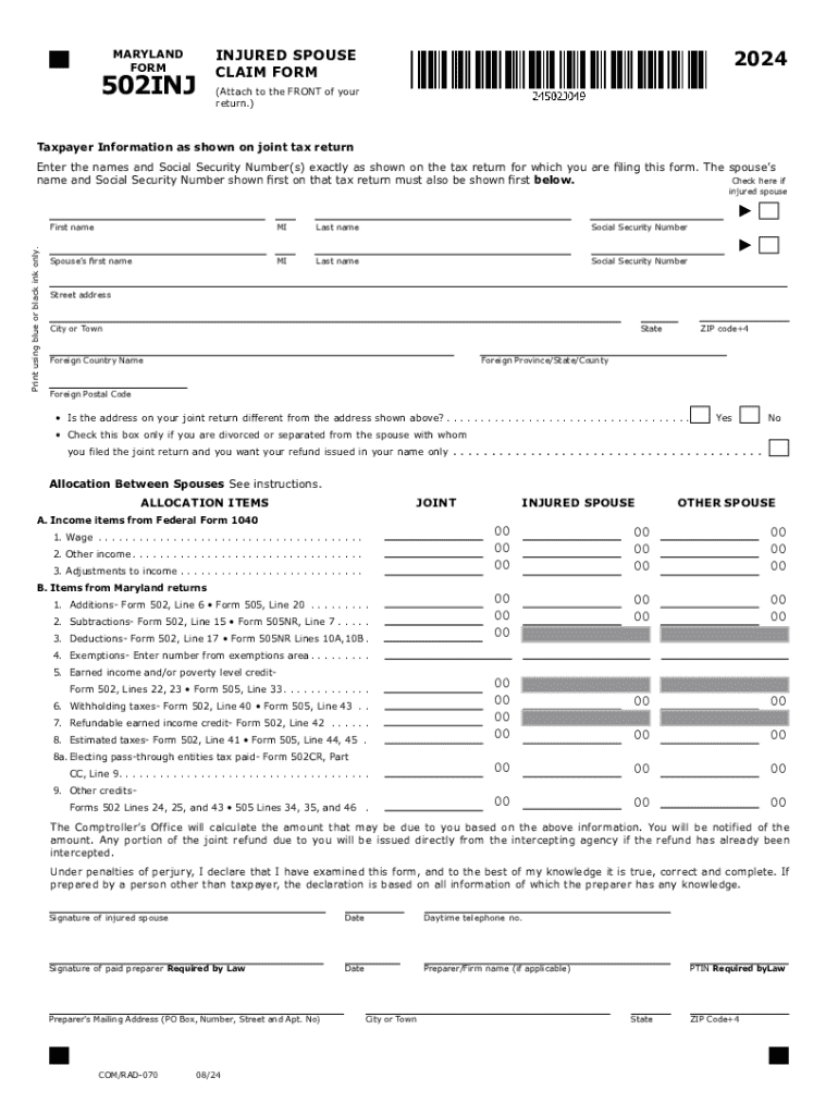 2024 Maryland Form 502INJ Injured Spouse Claim Form Preview on Page 1