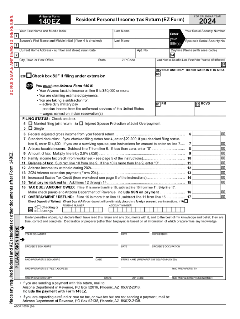 Arizona Form 140EZ Preview on Page 1