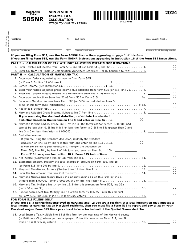 2024 Maryland Form 505NR Nonresident Income Tax Calculation Preview on Page 1