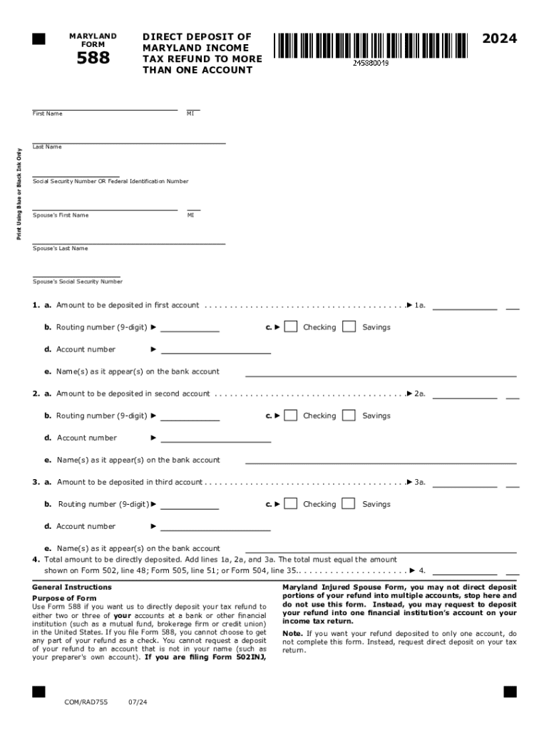 2024 Maryland Form 588 Direct Deposit of Maryland Income Tax Refund to More Than One Account Preview on Page 1