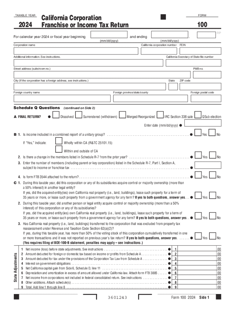 2023 Form 100 California Corporation Franchise or Income Tax Return Preview on Page 1
