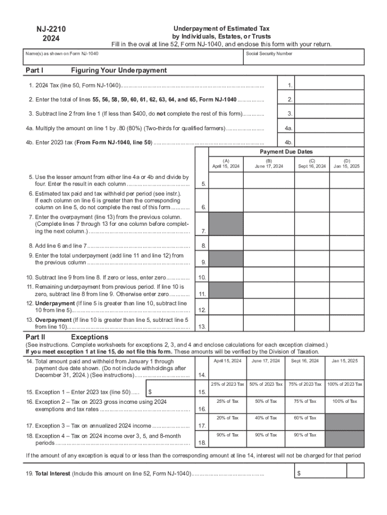 2024 NJ-2210 Underpayment of Estimated Tax by Individuals, Estates, or Trusts Preview on Page 1