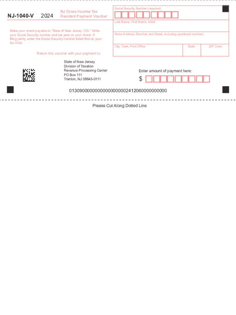 2024 NJ-1040-V Resident Income Tax Payment Voucher Preview on Page 1