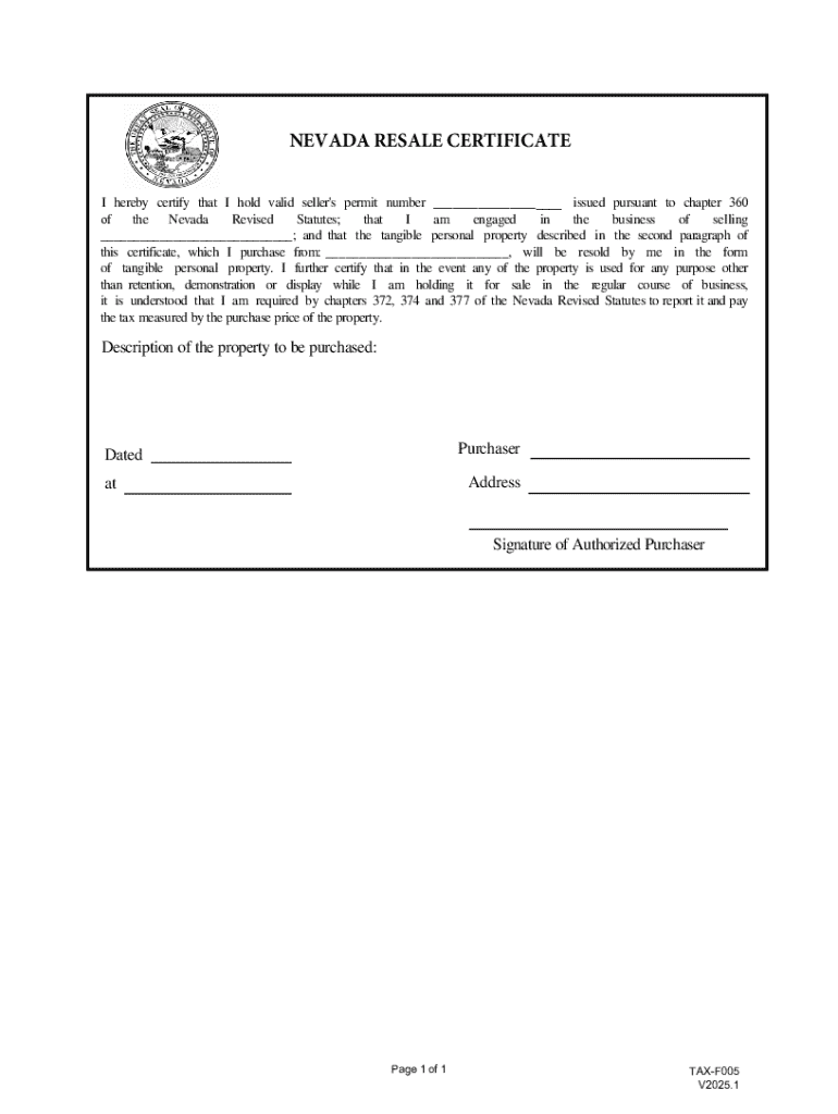 nevada resale certificate form Preview on Page 1