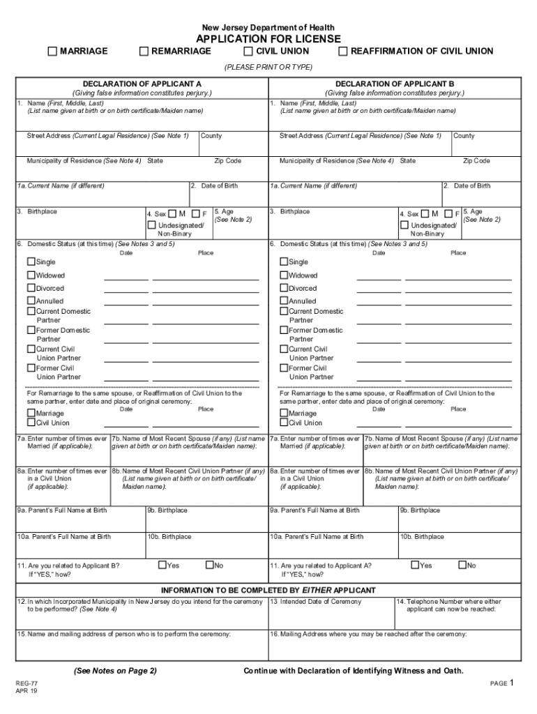 marriage license form nj Preview on Page 1