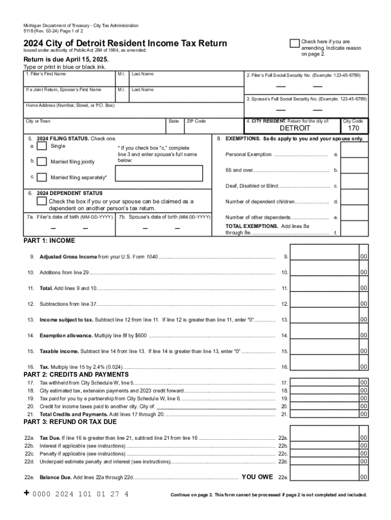 5118, 2024 City of Detroit Resident Income Tax Return Preview on Page 1
