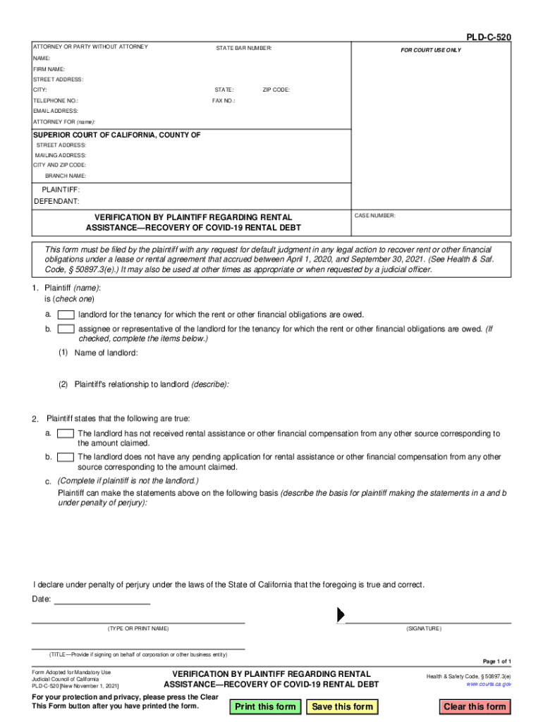 PLD-C-520 VERIFICATION BY PLAINTIFF REGARDING RENTAL ASSISTANCERECOVERY OF COVID-19 RENTAL DEBT Judi Preview on Page 1