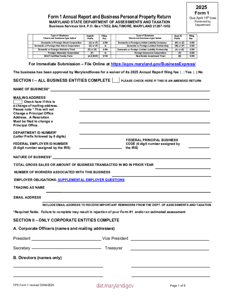 Form 1 Annual Report and Business Personal Property Return Preview on Page 1