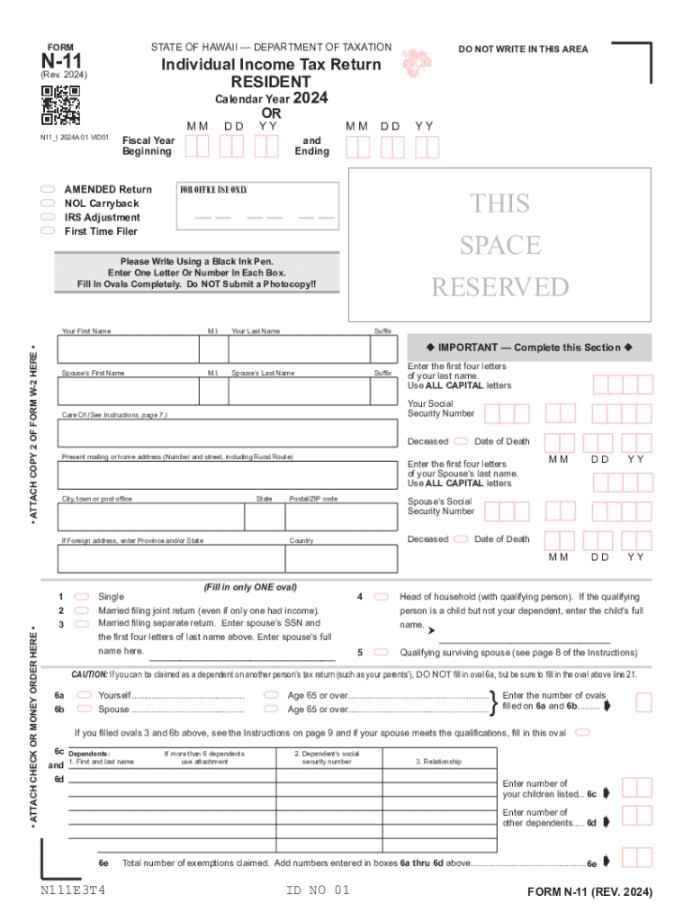 N-11, Rev 2024, Individual Income Tax Return (Resident) Forms 2024 Preview on Page 1
