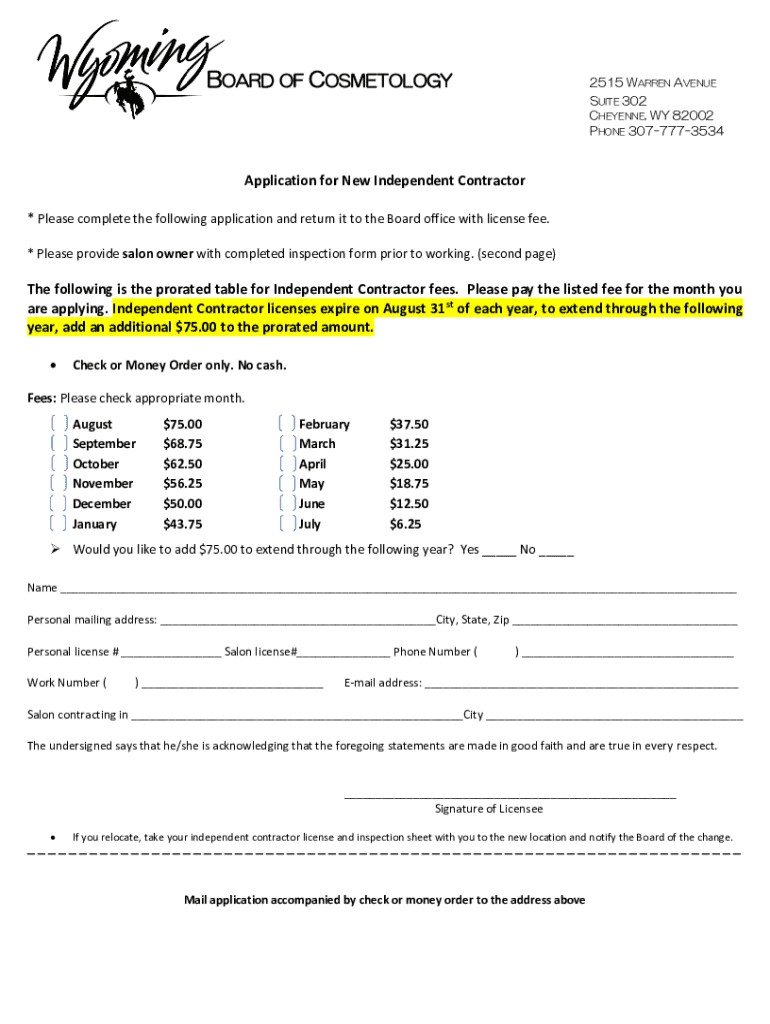 Applications and Forms - Cosmetology - State of Wyoming Preview on Page 1