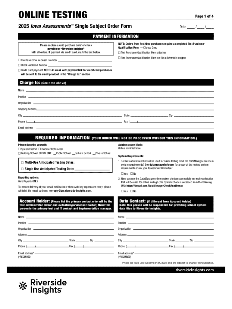 Fillable Online 2025 Iowa Assessments Single Subject Order Form Fax Email Print - pdfFiller