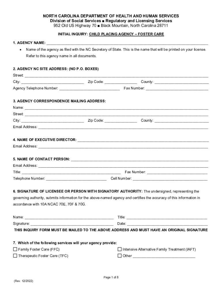 inquiry form: child placing agency-foster care Preview on Page 1