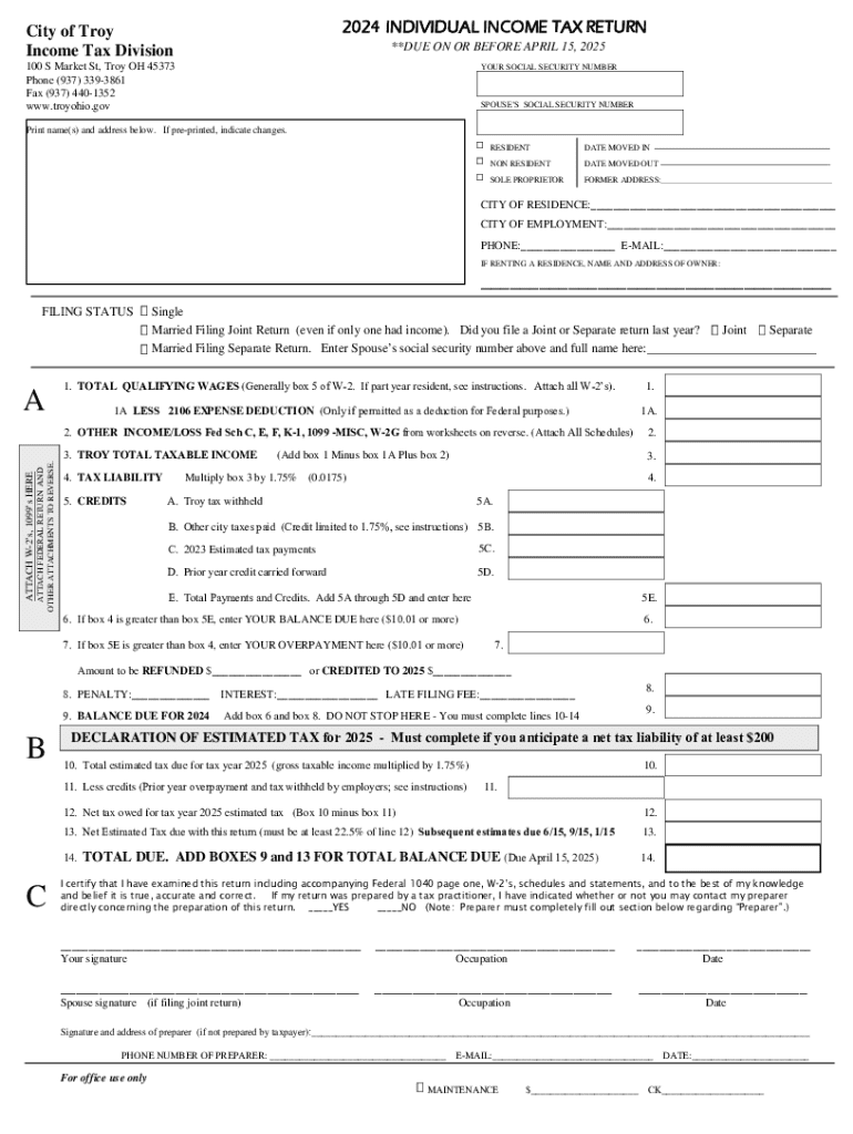 City of Troy 2024 Individual Income Tax Return Preview on Page 1
