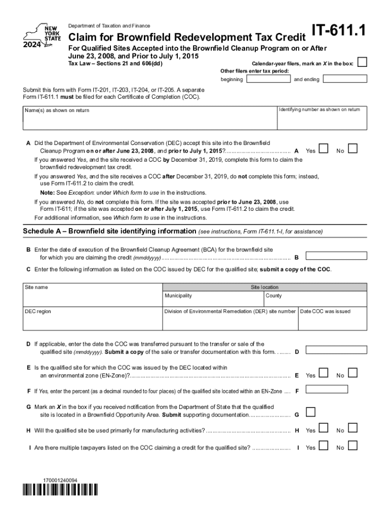 Form IT-611 1 Claim for Brownfield Redevelopment Tax Credit Tax Year 2023 Preview on Page 1