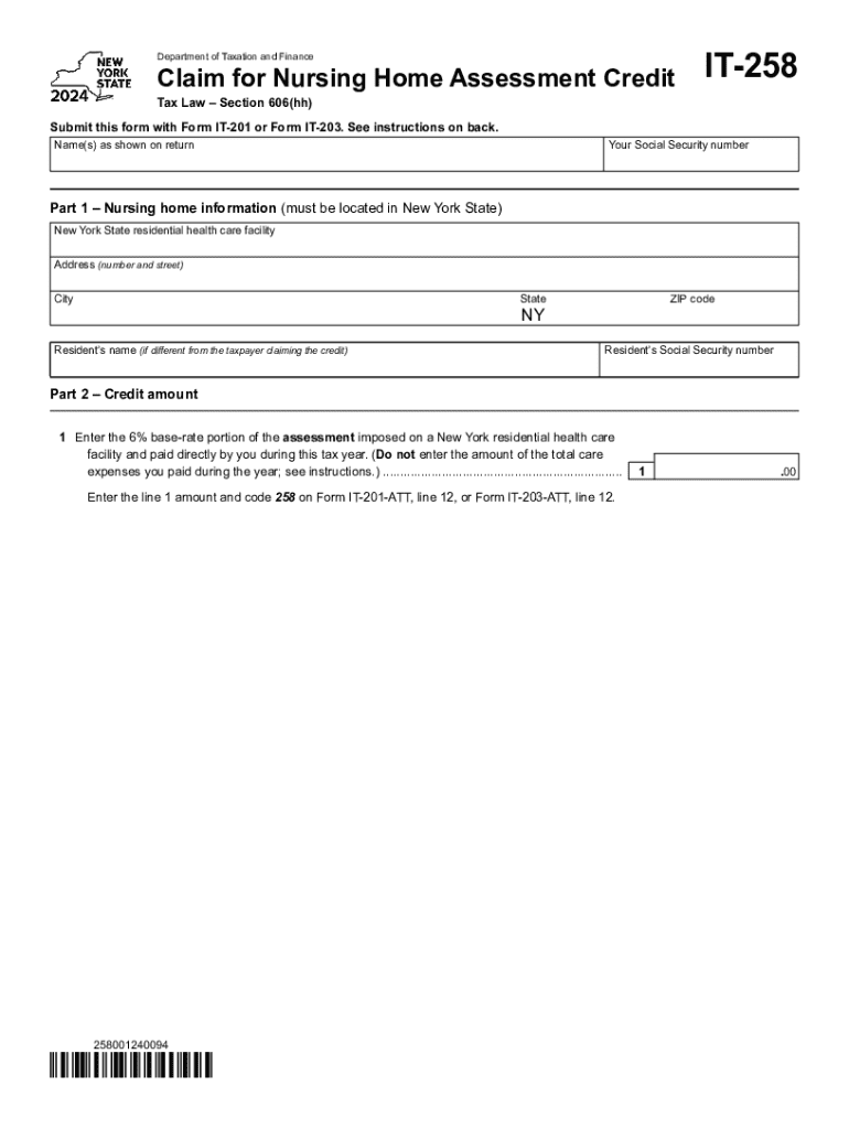 Form IT-258 Claim for Nursing Home Assessment Credit Tax Year 2024 Preview on Page 1