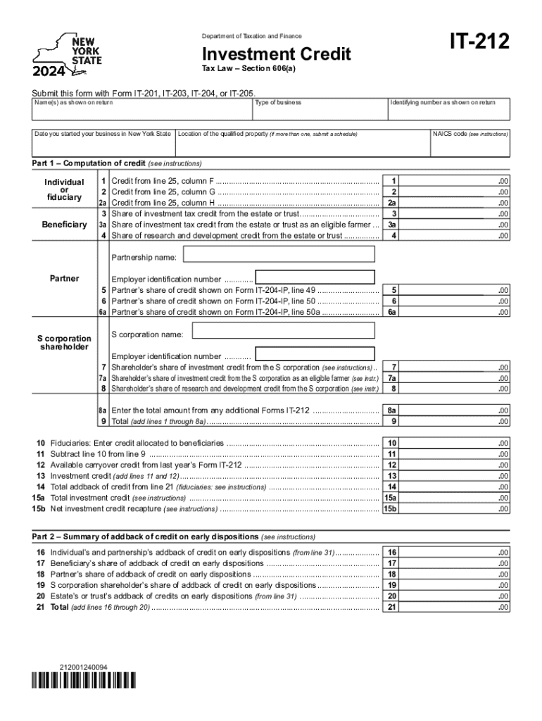 Form IT-212 Investment Credit Tax Year 2024 Preview on Page 1