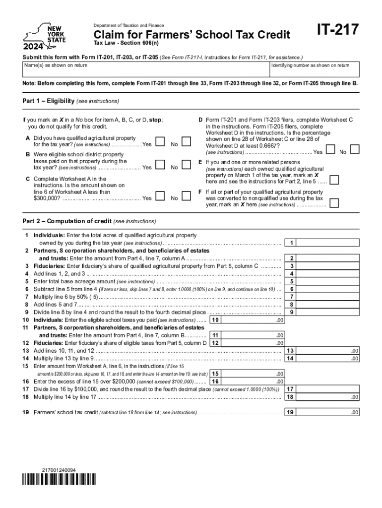 Form IT-217 Claim for Farmers' School Tax Credit Tax Year 2024 Preview on Page 1