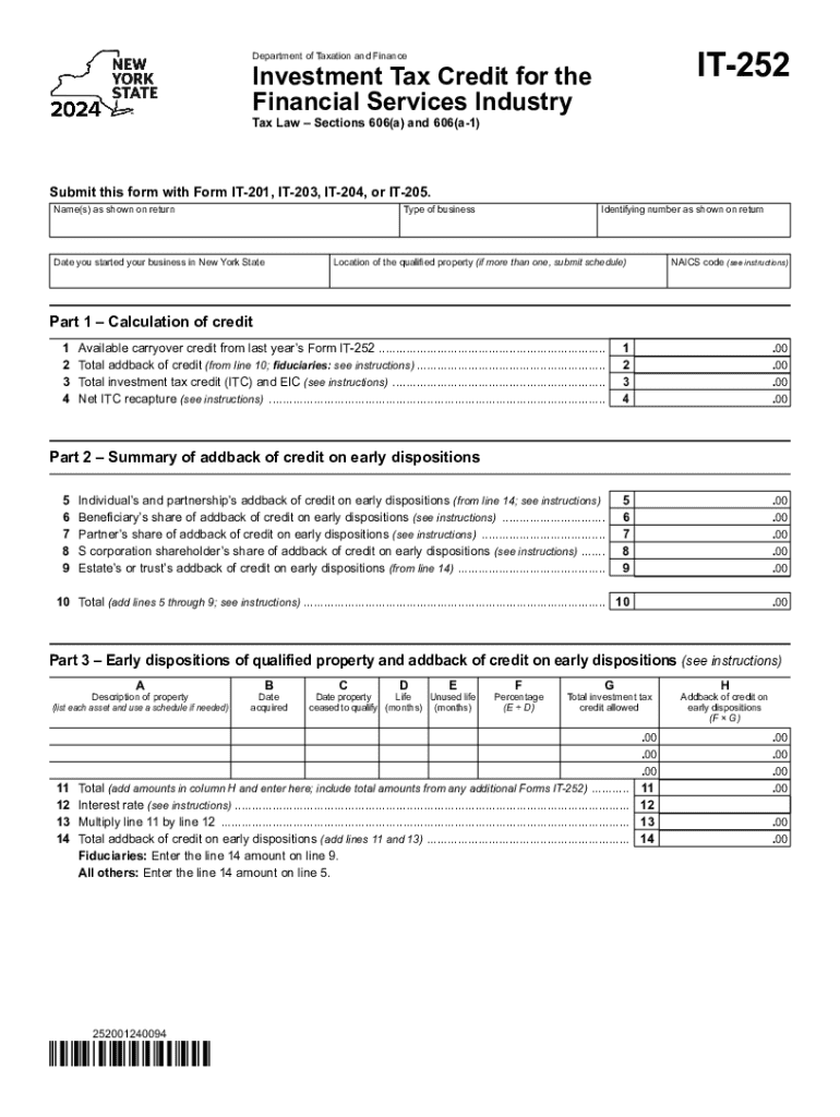 Form IT-252 Investment Tax Credit for the Financial Services Industry Tax Year 2024 Preview on Page 1