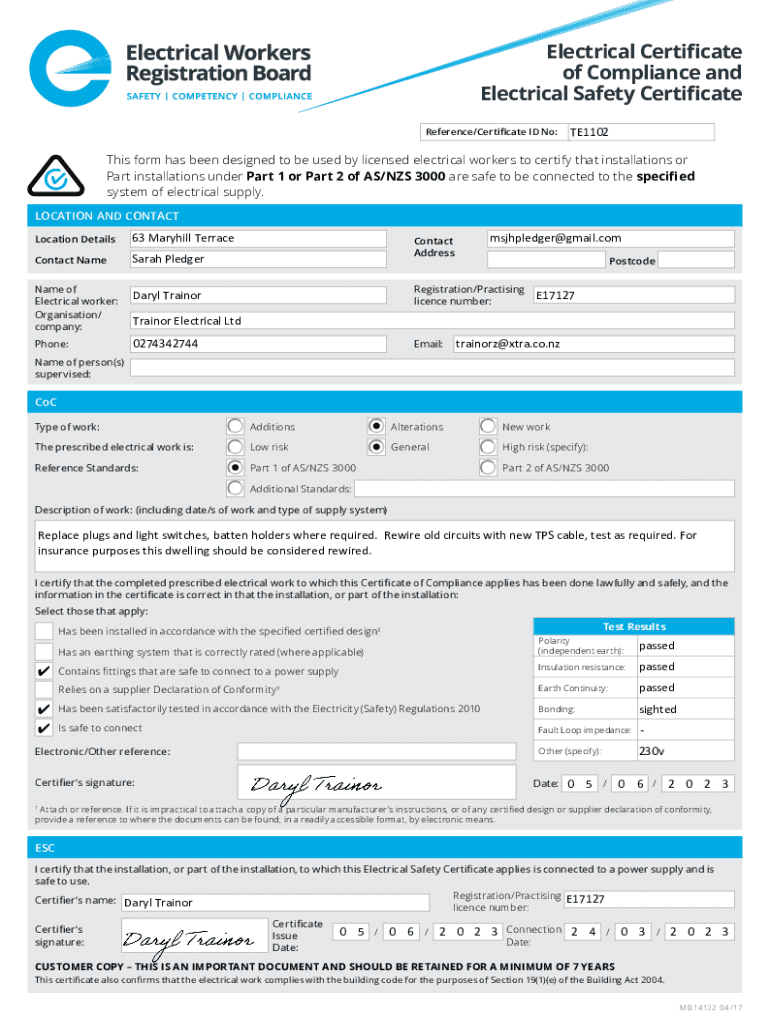 Fillable Online Electrical Certificate of Compliance Fax Email Print ...