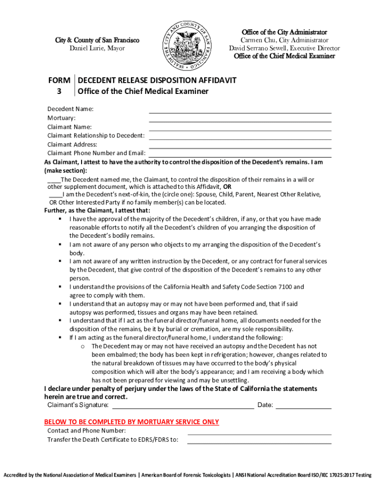 Decedent Release Disposition Affidavit Preview on Page 1