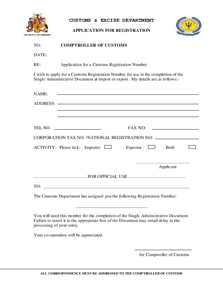 Customs Registration Application - Blank Fillable Template | Fill Out ...