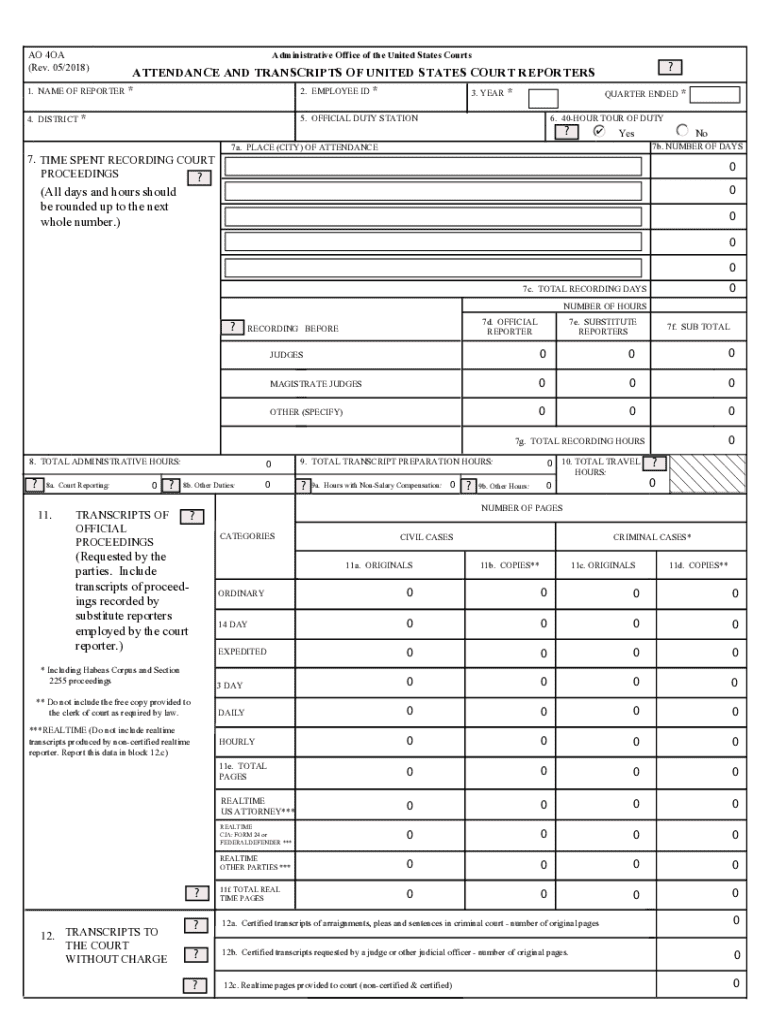US Court Reporters Attendance and Transcripts Form Preview on Page 1